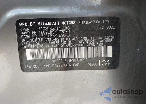 2023 Mitsubishi Mirage G4 из США, поврежденный, VIN ML32FUFJ6PHF03693